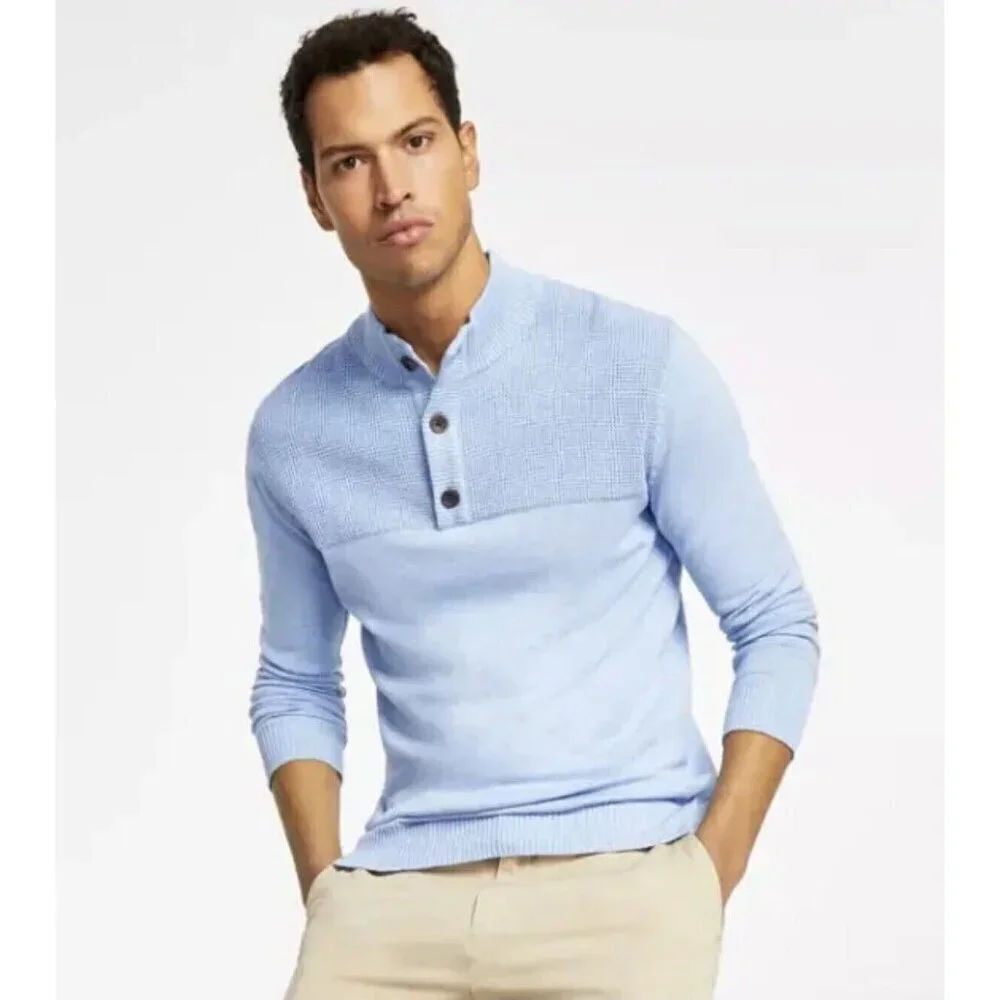 NEW! Club Room Button Mock Long Sleeve Knit Sweater Yonder Blue XXL Men's
